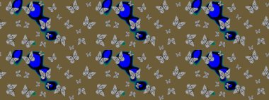 Renkli Kelebeklerle Bahar Arkaplanı. Raster Arkaplanı kahverengi renklerde. Güzel Kelebek Siluetleriyle Moda Dekorasyonu. Kart, Davetiye, Yazdırma İçin Şirin Kadınsı Desen.