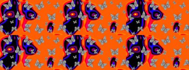 Robot resim. Kelebek. Turuncu arkaplanda izole edilmiş web tasarımı için renk çizgisi düzenleyici.