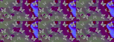 Watercolor Style 'da uçan kelebeklerle eskiz kalıbı. Raster illüstrasyonu. Gri renkli bir resim. Kumaş, Tekstil, Baskı ve Davetiye için arka plan. Doğada Güzellik.