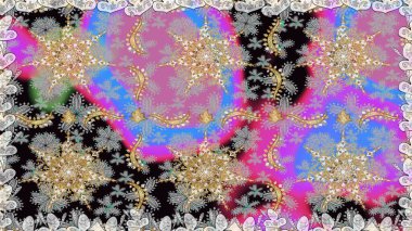 Damask altın soyut çiçek gri renklerde pürüzsüz desen. Süslü dekorasyon. Raster illüstrasyonu.