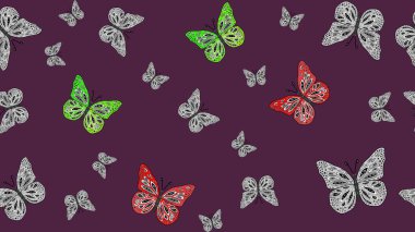 Kızlar, erkekler, elbiseler, duvar kağıtları için soyut çizim kalıpları. Farklı yönlere uçan renkli kelebek koleksiyonu. Raster illüstrasyonu.