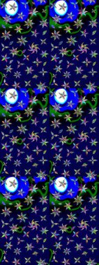 Raster çiçek desenleri çiziyor. Vadinin çiçekleri mavi ve siyah renklerde.