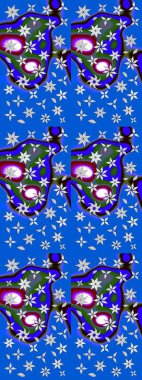 Mavi ve nötr renklerde çiçekler. Renkli Bahar Teması eskiz kalıbı. Raster illüstrasyonu. Asya tekstil tarzında. Düz Çiçek Elementleri Tasarımı. Çiçek desenini çiz.