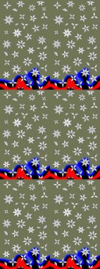 Raster Floral Illustration, Asyalı tekstil. Yeşil ve nötr renklerdeki etnik çiçeklerle zarif eskiz deseni.