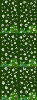 Yeşil ve nötr küçük çiçekler ve yeşil ve nötr renklerdeki komik böcekler, raster desen, illüstrasyon.