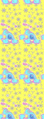 Raster Çiçek İllüstrasyonu güzel tekstil. Sarı ve mavi renkli etnik çiçeklerle zarif bir eskiz deseni..