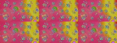 Çiçek desenli çizim. Pembe renkli Asya tekstili. Raster illüstrasyonu.