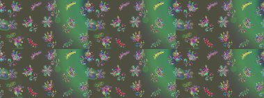 Raster illüstrasyonundaki çiçek desenli çizim. Çiçekler gri, yeşil ve mavi renklerde.