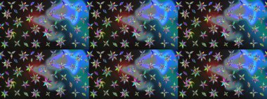 Nakış desenli çiçek deseni. Renkli grunge, soyut arkaplanı kolonya ve mavi çiçeklerle süslüyor. İzler, kumaş, duvar kağıtları, tekstil için raster dokusu.