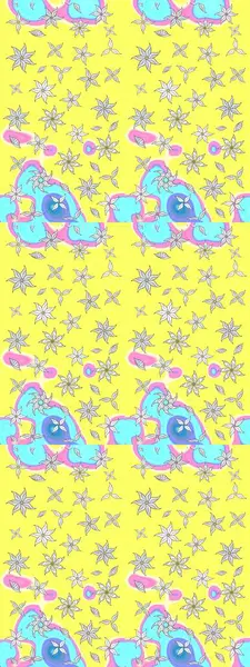 Raster Çiçek İllüstrasyonu güzel tekstil. Sarı ve mavi renkli etnik çiçeklerle zarif bir eskiz deseni..