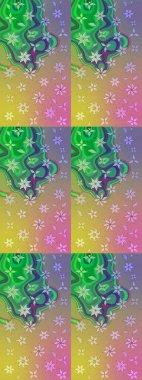 Raster illüstrasyonu. Renkli desenli eskiz deseni, yeşil ve nötr çiçekler ve dekoratif elementlerle. Eski usul. Eskiz geçmişi. Kumaş, tekstil ve duvar kağıdı baskısı için..