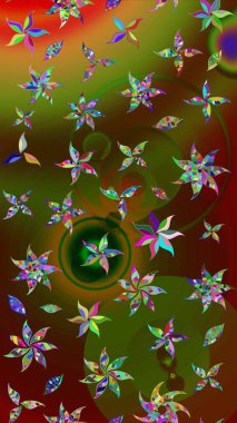 Raster illüstrasyonu. Tropik çiçek desenleri. Kahverengi ve yeşil renkte çiçekler.