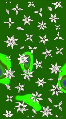 Çocuksu tasarım. Tekstil, kumaş, ambalaj, hatıra defteri için hoş bir çiçek arkaplanı. Yeşil ve nötr arkaplanda. Elle çizilmiş karalama çiçekleri ile Raster çizim deseni.