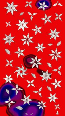 Raster illüstrasyonu. Şirin çiçekli eskiz deseni ve kırmızı ve nötr renklerde yapraklar, suluboya çiçek deseni, duvar kağıdı, kart veya kumaş için fayanslı.