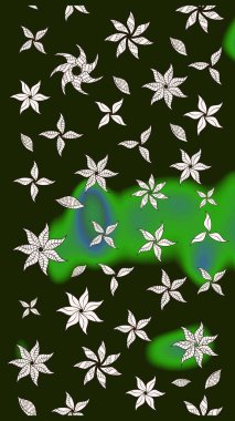 Raster Floral Illustration, Asyalı tekstil. Gri ve yeşil renkli etnik çiçeklerle zarif bir eskiz deseni..