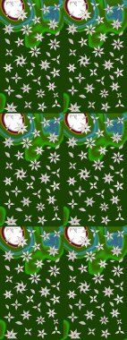 Çiçek desenli çizim. Raster illüstrasyonu. Yeşil ve nötr renklerde çiçekler. Raster illüstrasyonu. Asya tekstil tarzında.