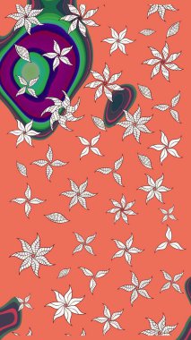 Raster illüstrasyonundaki çiçek desenli çizim. Turuncu ve nötr renkte çiçekler.