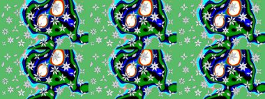 Yeşil renkli etnik çiçeklerle süslenmiş zarif bir eskiz şekli. Asya Tekstil 'inde Raster Çiçek İllüstrasyonu.