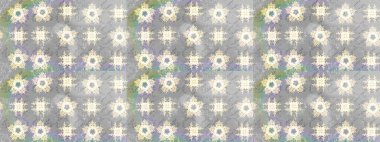 Millefleur 'lar. Tekstil, kumaş, kapaklar, duvar kağıtları, baskı, naylon, koleksiyon defteri, örgü, dekupaj için güzel bir eskiz. Küçük gri çiçekli oldukça eski bir besin torbası deseni..