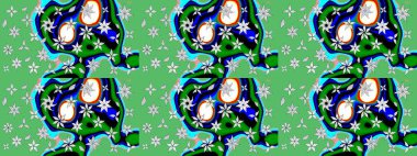 Yeşil renkli etnik çiçeklerle süslenmiş zarif bir eskiz şekli. Asya Tekstil 'inde Raster Çiçek İllüstrasyonu.