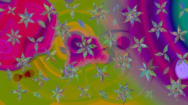 Yeşil ve mor renkli çiçekler. Asya tekstil tarzında. Raster illüstrasyonu. Çiçek desenli çizim. Raster illüstrasyonu.