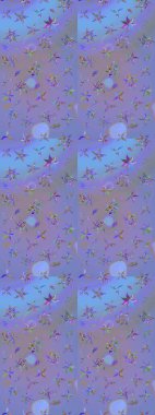 Raster illüstrasyonu. Mor ve mavi renklerde. 3D çiçekler, çizim.