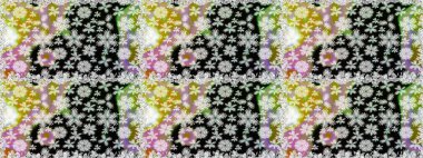İşlemeli çiçekli, dikişsiz desen. Parmak izi, kumaş, duvar kâğıdı, tekstil için raster dokusu. Renkli grunge, koloni ve siyah çiçeklerle soyut arkaplanı zenginleştirir.