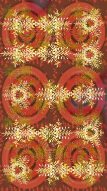 Raster illüstrasyonu. Kahverengi, turuncu ve pembe kar taneleri. Güzel tasarım. Noel için tatil tasarımı, yeni yıl moda baskıları. Kar tanelerinin soyut arkaplanlı Noel arkaplanı.