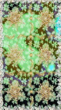 Yeşil renklerdeki altın element. Çizgi sanatı tasarım şablonu için kusursuz sınır. Davetiyeler, kartlar, web sayfası için Raster illüstrasyon. Altın desenli çiçek dekoru. Doğu tarzı ögesi.