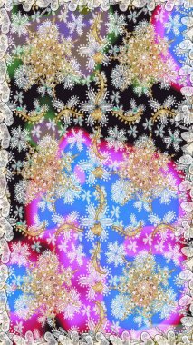 Altın çiçekli, pürüzsüz desen. Damask arkaplanı. Tarafsız renklerde altın element. Barok tarzında altın çiçekli süs..