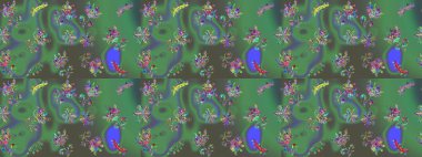 Raster. Yeşil, gri ve mavi renkte güzel çiçekli eskiz deseni, suluboya çiçek deseni, duvar kağıdı, kart veya kumaş için fayanslı.