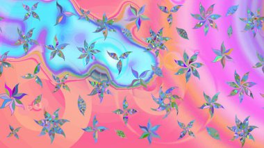 Raster illüstrasyonundaki çiçek desenli çizim. Renkli Yaz Temalı eskiz kalıbı. Pembe ve mavi renkte çiçekler. Düz Çiçek Elementleri Tasarımı.