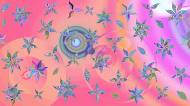 Çiçek ve yapraklı karalama şeklinde Raster çiçek deseni. Pembe ve nötr renklerde bahar çiçekleri. Raster illüstrasyonu.