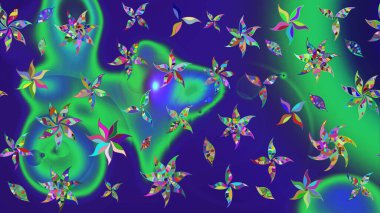 Mavi ve yeşil renkte etnik çiçeklerle süslenmiş zarif bir eskiz şekli. Raster Çiçek İllüstrasyon Şirin Tekstil.