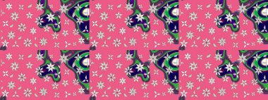 Raster illüstrasyonu. Şirin çiçekli eskiz deseni ve pembe ve nötr renklerde yapraklar, suluboya çiçek deseni, duvar kağıdı, kart veya kumaş için fayanslı.