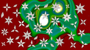 Parlak renkli çiçekleri olan ve kırmızı ve yeşil renkli yaprakları olan harika bir çiçek deseni. Halk tarzı. Moda baskıları için zarif bir şablon. Modern çiçek arkaplanı.