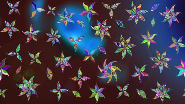 Düz Çiçek Elementleri Tasarımı. Raster Illustrasyon 'daki Çiçek Deseni' nin son moda çizimi. Kahverengi ve mavi renkli çiçekler. Renkli Yaz Teması çizim şablonu.