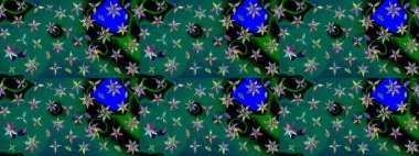 Yeşil ve mavi renkte çiçekler. Renkli Bahar Teması eskiz kalıbı. Sevimli çiçek raster deseni. Düz Çiçek Elementleri Tasarımı.