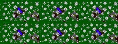 Yeşil ve nötr renklerde çiçekler. Raster illüstrasyonu. Raster illüstrasyonu. Çiçek desenli çizim. Asya tekstil tarzında.