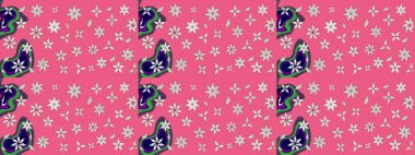 Parlak renkli fantezi çiçekleri, yapraklar, pembe ve nötr renklerde tomurcuklar pembe ve nötr. Suluboya el çizimi elementli çiçek çizimi deseni.