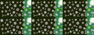 Raster Floral Illustration, Asyalı tekstil. Gri ve yeşil renkli etnik çiçeklerle zarif bir eskiz deseni..