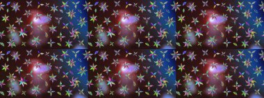 Patlayan çiçekler soyut olarak yerleştirilmiş. Yumuşak, bahar çiçekleri kahverengi ve mavi renklerde. Raster deseni. Raster illüstrasyonu.