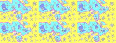 3D çiçekler, eskiz. Sarı ve mavi renklerde. Raster illüstrasyonu.