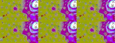 Motley illüstrasyonu. Küçük renkli çiçekler. Küçük çiçekte güzel bir desen. Moda baskıları için zarif bir şablon. Yeşil ve mor çiçekli bahar çiçekleri.