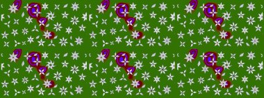 Üzerinde gelincikler ve vadi zambakları olan renkli çiçek desenli nakış deseni. Raster geleneksel çiçek buketi yeşil ve nötr renklerde tekstil tasarımı için.