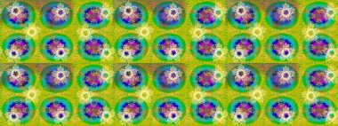 Kar tanelerinin soyut arkaplanlı Noel şablonu. Noel ve yeni yıl moda baskıları için tatil tasarımı. Raster illüstrasyonu. Sarı, yeşil ve mavi kar taneleri.