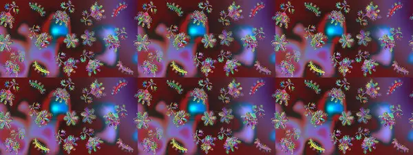 Çiçek süsü ile kusursuz desen. Raster illüstrasyonu. Kahverengi, mor ve mor renkte çiçekler.