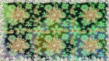 Altın elementlerle yeşil renklerde altın desen. Raster oryantal süs. Geleneksel klasik altın desen. Barok tarzında kusursuz bir doğulu süsü..