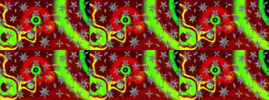 Çiçekli karalama şeklinde Raster çiçek deseni. Kibar, yaz çiçekleri kırmızı ve yeşil renklerde. Raster illüstrasyonu.