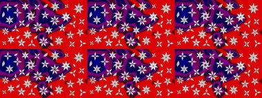 Çiçek desenli çizim. Raster illüstrasyonu. Raster illüstrasyonu. Kırmızı ve mor renkte çiçekler. Asya tekstil tarzında.